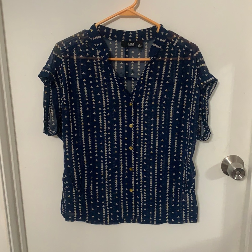 Navy gold button down top